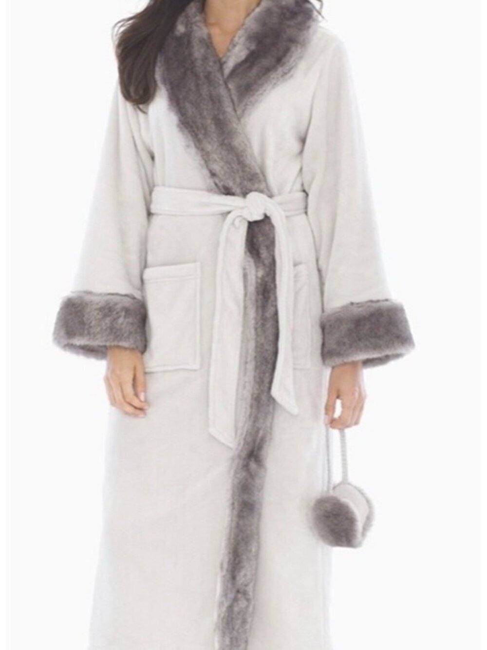 Soma Woman's Sz S/M Gray Luxe Plush Faux Fur Lunar Long Robe w/Tie